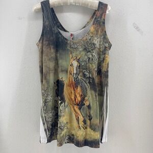 Horse Graphic Tank Top Womens M Multi Color Rhinestone Equestrian McBling NWT